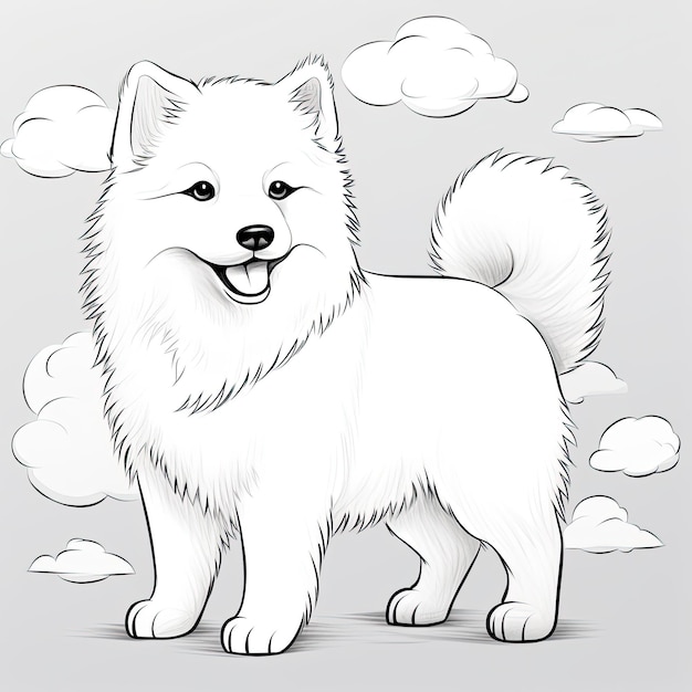 Foto imagem a colorir em preto e branco de um samoyed