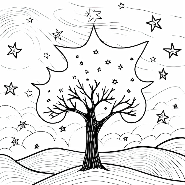 Foto imagem a colorir em preto e branco de uma árvore mágica