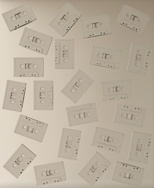 Imagem abstrata de cassetes flutuando aleatoriamente no espaço Retro minimalismo dos anos 80 e 90
