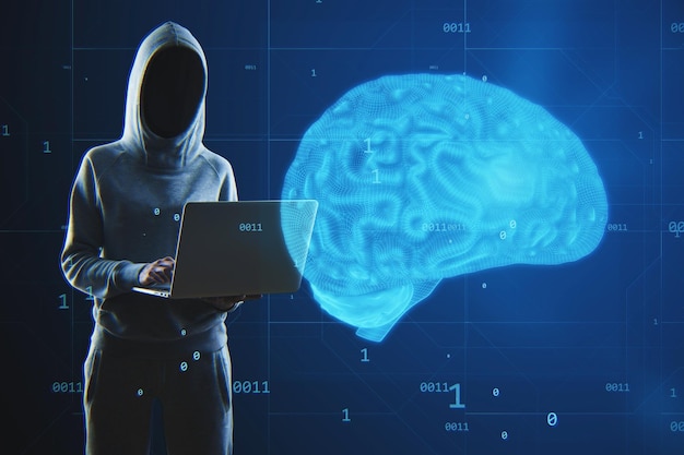 Imagem abstrata de hacker com laptop e holograma de cérebro azul criativo em fundo desfocado Dados de neurologia hacking roubo anatomia ai e conceito de aprendizado de máquina