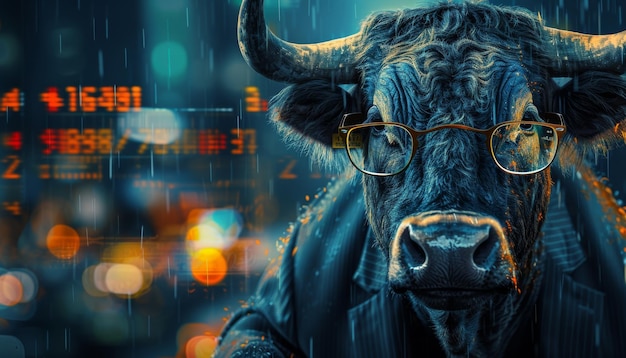 imagem abstrata de um investidor bull trader contra o fundo de cotações conceito de bolsa de valores