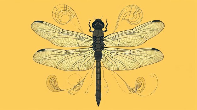 Imagem abstrata de uma libélula preta em um fundo amarelo desenhado à mão estilo linhas finas e sombras perfil asas espalhadas inseto transparente close-up Generative by AI