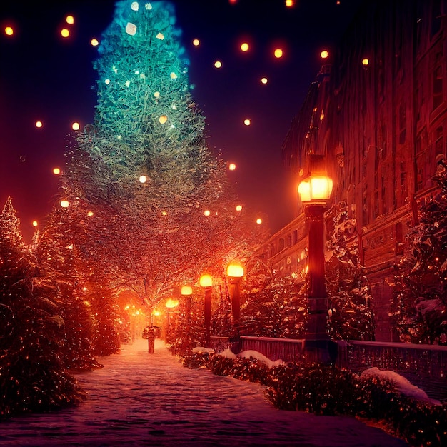 Foto imagem abstrata de uma rua de inverno no natal