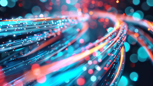 Imagem abstrata dinâmica com trilhas de luz de néon coloridas e efeitos bokeh semelhantes a cabos de fibra óptica ou transmissão de dados criando uma aparência futurista e vibrante