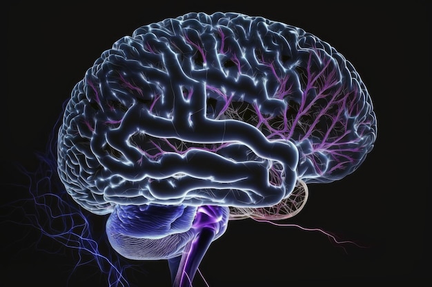 Imagem abstrata do cérebro humano em tons azuis roxos em fundo escuro com linhas