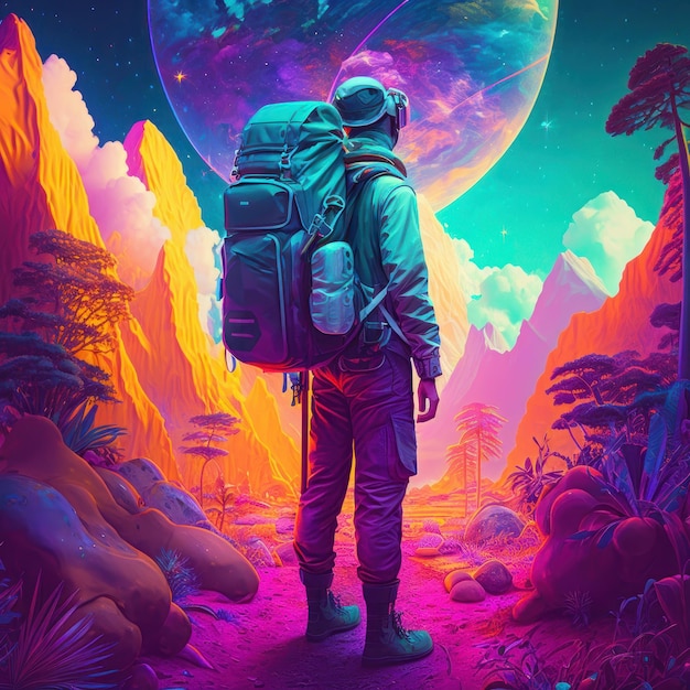 Imagem abstrata do homem Turista com uma mochila está viajando Linda ilustração colorida Estilo vetorial Generative AI