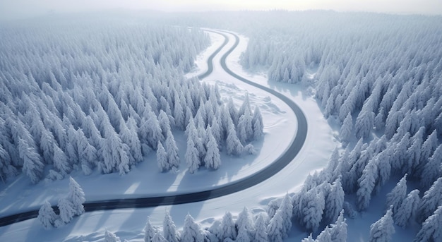 imagem aérea de paisagem nevada de uma estrada sinuosa através de árvores altas