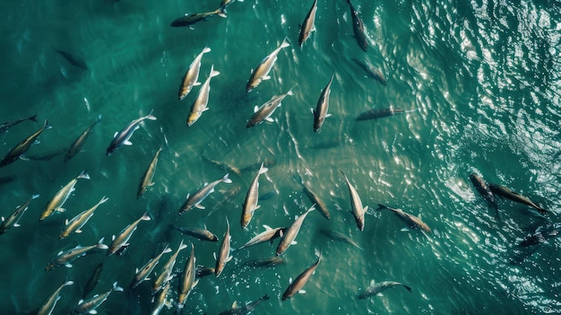 Imagem aérea de um grupo de peixes menhaden nadando na água do oceano gerada por IA