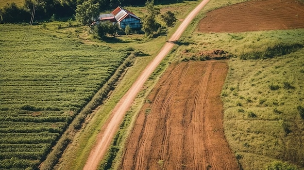 Imagem aérea de uma estrada de terra perto de uma fazenda Generative Ai