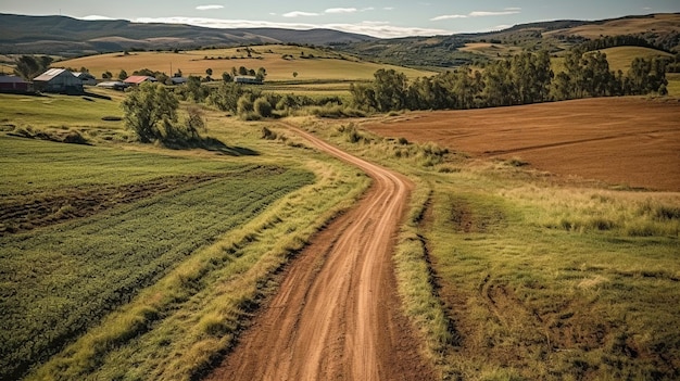 Imagem aérea de uma estrada de terra perto de uma fazenda Generative Ai