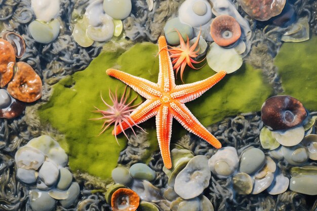 Foto imagem aérea de uma estrela-do-mar numa piscina de maré sinuosa