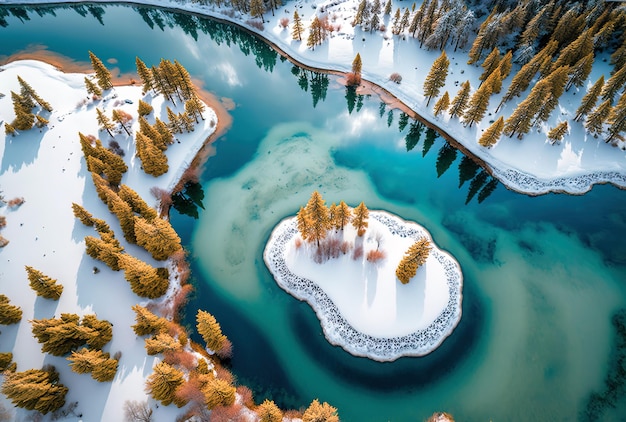 Imagem aérea do cenário de inverno na região chinesa de Xinjiangs Kanas Lake