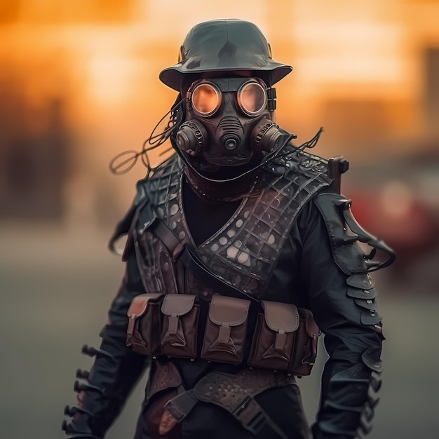 Imagem ai generativa de soldado hiper realista usando máscara de gás em pé na rua da cidade em ruínas