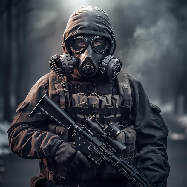 Imagem ai generativa de soldado hiper realista usando máscara de gás em pé na rua da cidade em ruínas
