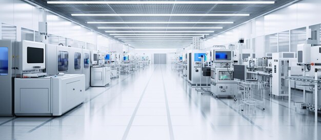 Imagem ampla de produção de semicondutores avançados brilhantes Fab Cleanroom Generative AI
