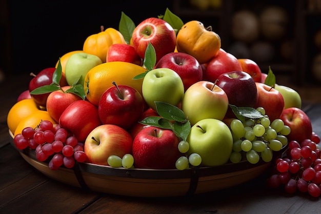 Imagem aproximada da diversidade da colheita de uma cesta de frutas enriquecida por IA generativa