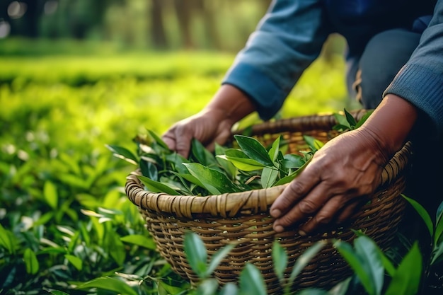 Imagem aproximada da mão de um agricultor colhendo folhas de chá da árvore e colocando em uma cesta de bambu no chá