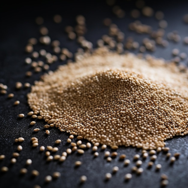 Imagem aproximada de grãos de quinoa ricos em nutrientes na superfície cinza