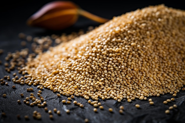 Imagem aproximada de grãos de quinoa ricos em nutrientes na superfície cinza