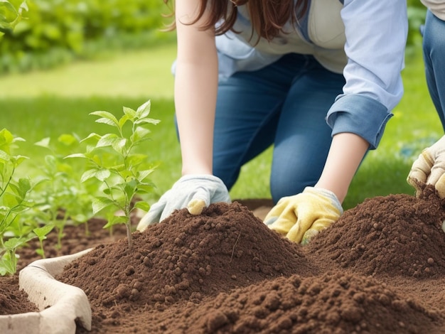 Imagem aproximada de pessoas se preparando para cultivar uma pequena árvore com solo no jardim