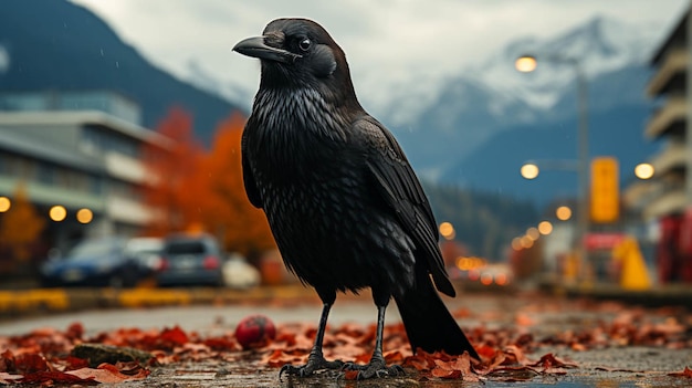 Imagem aproximada de um corvo de olhos vermelhos empoleirado na estrada