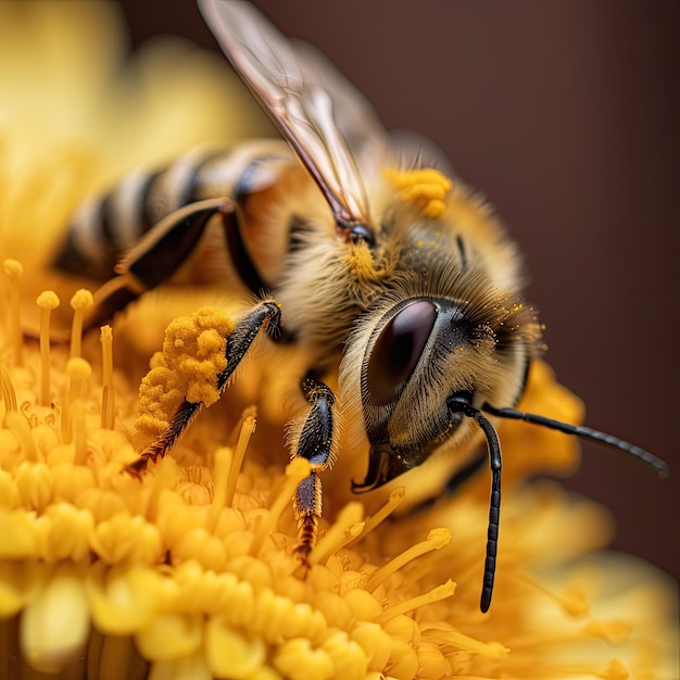 Imagem aproximada de uma abelha polinizando uma flor na primavera