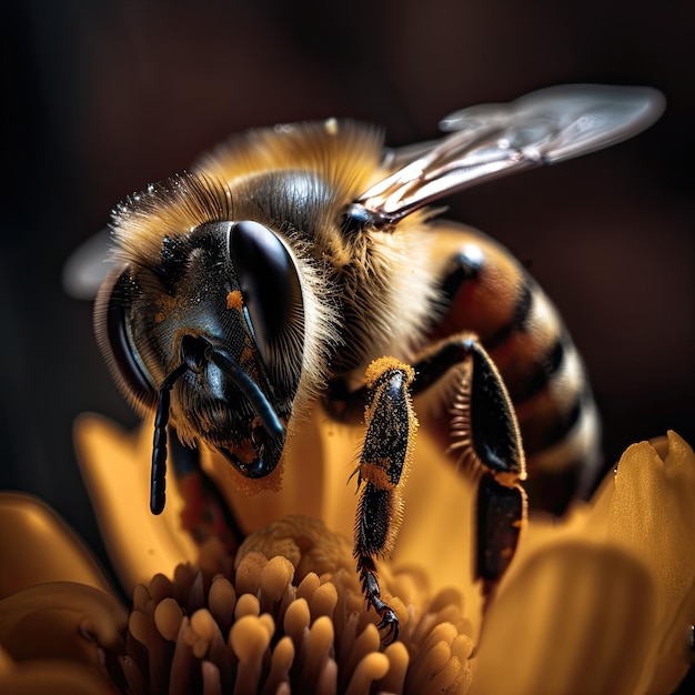 Imagem aproximada de uma abelha polinizando uma flor na primavera