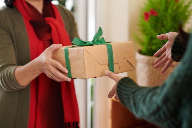 Imagem aproximada de uma mulher madura dando um presente de natal para sua filha adulta