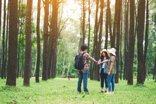 Imagem aproximada de viajantes juntando as mãos na floresta