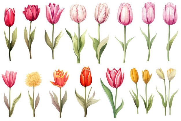 Foto imagem aquarela de um conjunto de flores de tulipa em um fundo branco