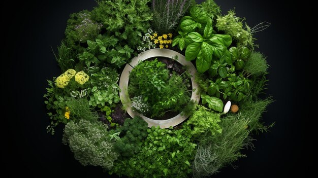 imagem arafada de um arranjo circular de plantas e ervas geradoras de IA