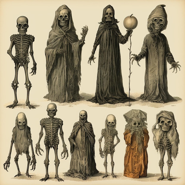 Foto imagem arafada de um grupo de esqueletos com trajes diferentes ai generativa