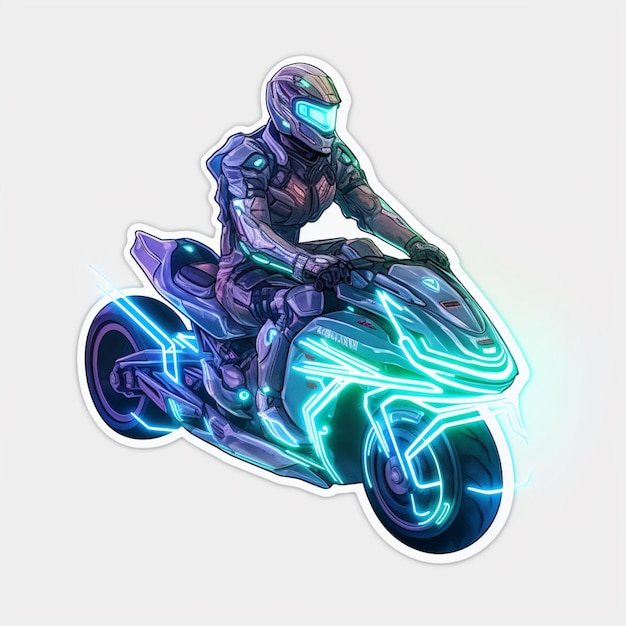 imagem arafada de um homem andando de motocicleta com um capacete neon gerativo de IA