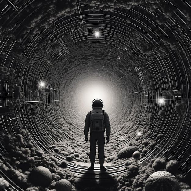 Foto imagem arafada de um homem em um traje espacial parado em um túnel gerando ia
