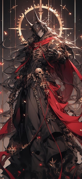 imagem arafada de um homem em uma roupa preta e vermelha com uma espada generativa ai