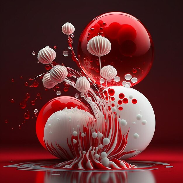Foto imagem arafada de uma bola vermelha e branca com bolhas generativas ai