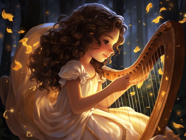 imagem arafada de uma garota tocando harpa em uma floresta generativa ai