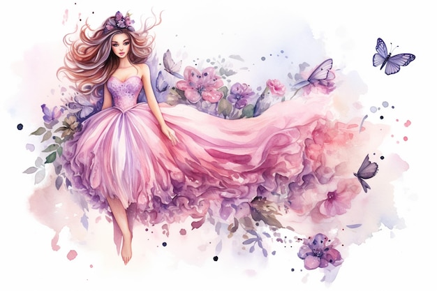 imagem arafada de uma linda mulher em um vestido com flores e borboletas generativa ai
