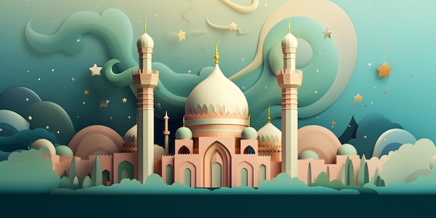 imagem arafada de uma mesquita com uma lua crescente e estrelas no céu. IA generativa.
