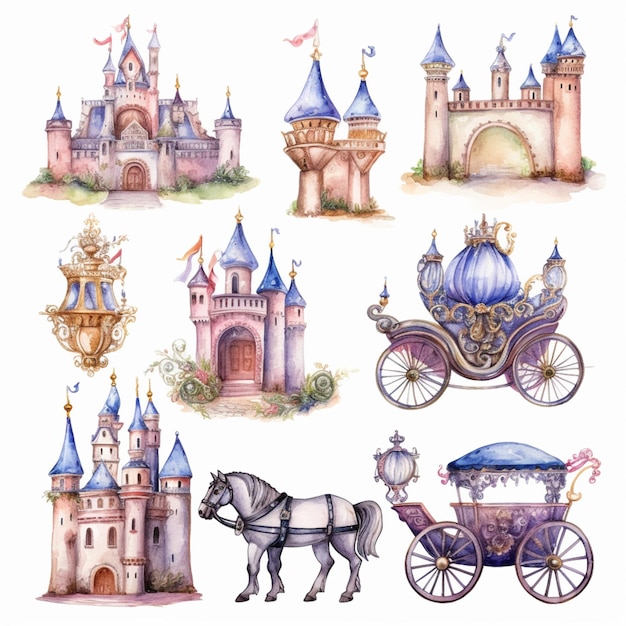 Imagem Arafed de um conjunto de ilustrações em aquarela de um castelo generative ai
