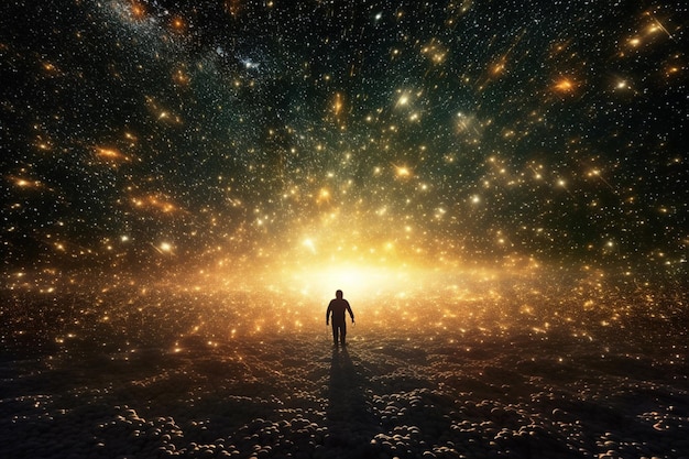 Imagem Arafed de um homem parado em um campo de estrelas generative ai