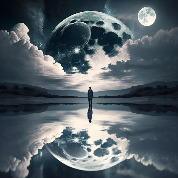 Imagem Arafed de um homem parado na frente de uma lua cheia generative ai
