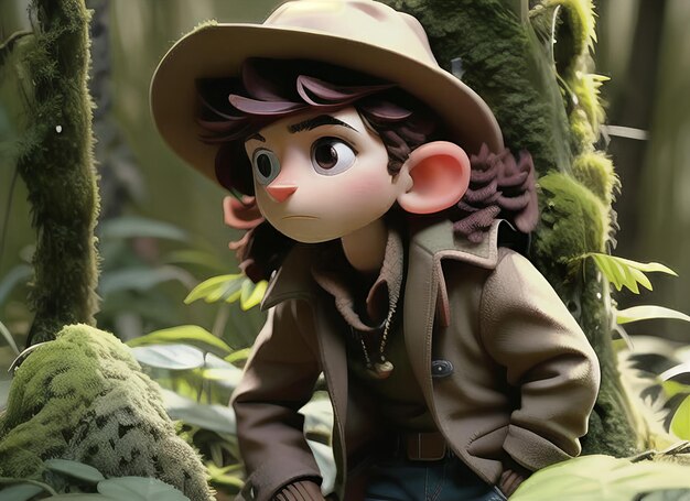 Foto imagem arafed de um menino de chapéu e jaqueta parado em uma floresta
