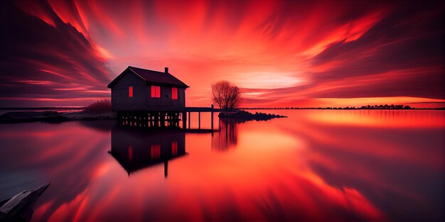 Imagem Arafed de uma casa em uma doca com um céu vermelho generativo ai