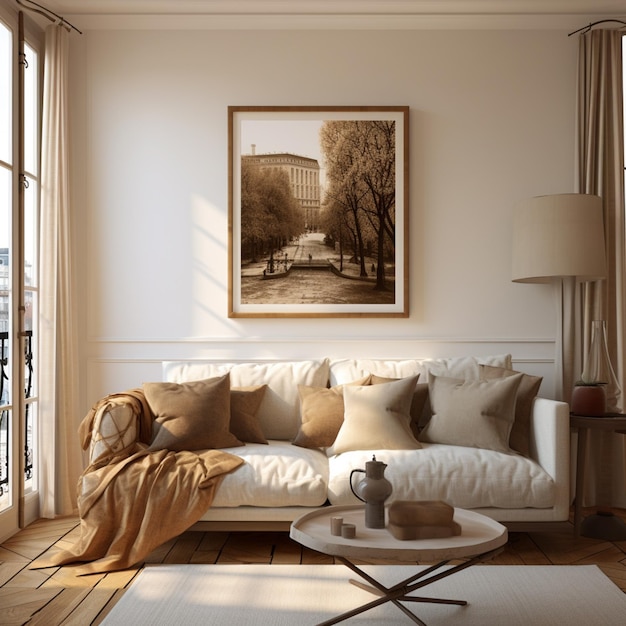 Imagem Arafed de uma sala de estar com um sofá e uma mesa de centro generativa ai