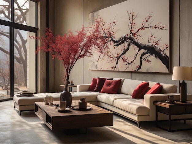 Imagem Arafed de uma sala de estar com um sofá e uma mesa generativa ai