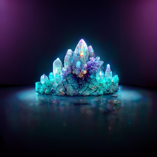 Imagem arrafada de um aglomerado de cristais com um fundo roxo generativo ai