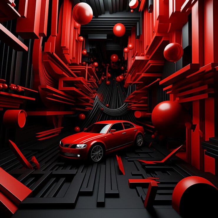 Foto imagem arrafada de um carro vermelho em uma sala vermelha com bolas vermelhas generativa ai