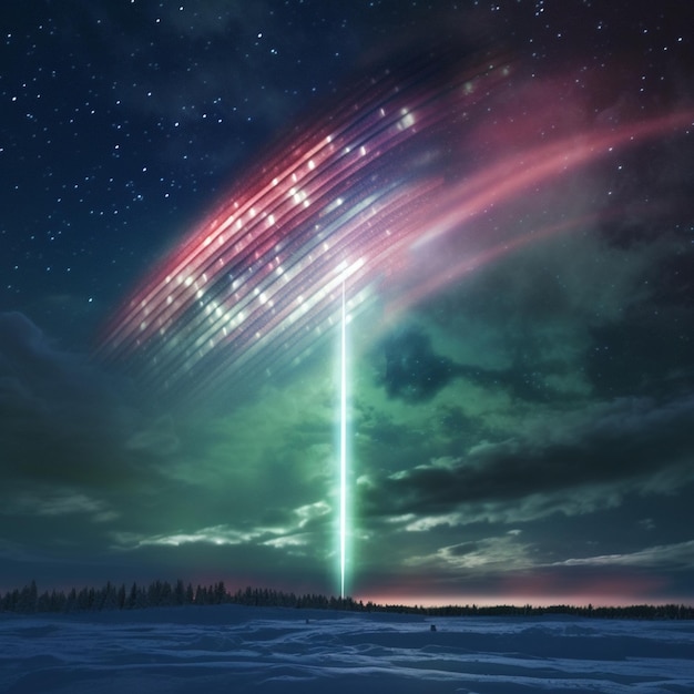 imagem arrafada de um feixe de luz verde e vermelho no céu