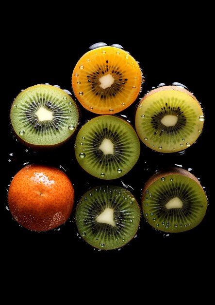 imagem arrafada de um grupo de kiwis e laranjas em uma superfície preta generativa ai